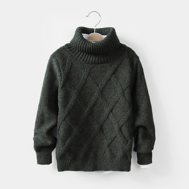 เสื้อสเวตเตอร์เด็กฤดูใบไม้ร่วง/ฤดูหนาวชายสีทึบหลวมยืดหยุ่นคอปกสูงถักด้านบน 3-10 ปี
