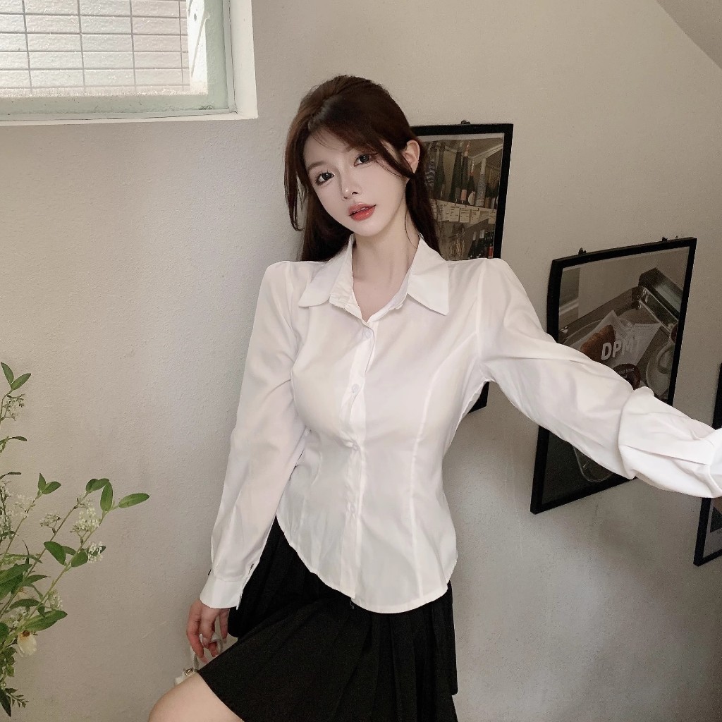 Hermarou ผู้หญิงแขนยาวแฟชั่นเสื้อเชิ้ตสีขาวเสื้อผ้าทํางานเสื้อกระชับเอวออกแบบ เสื้อใส่ออกงาน - รูปที่ 3