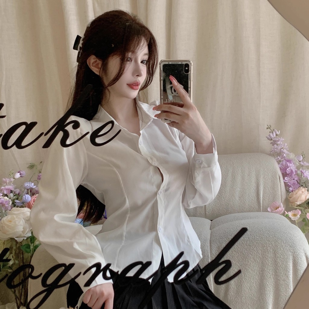 Hermarou ผู้หญิงแขนยาวแฟชั่นเสื้อเชิ้ตสีขาวเสื้อผ้าทํางานเสื้อกระชับเอวออกแบบ เสื้อใส่ออกงาน - รูปที่ 7