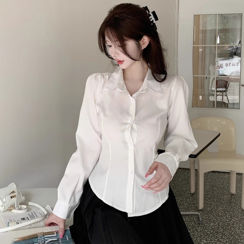 Hermarou ผู้หญิงแขนยาวแฟชั่นเสื้อเชิ้ตสีขาวเสื้อผ้าทํางานเสื้อกระชับเอวออกแบบ เสื้อใส่ออกงาน - รูปที่ 2