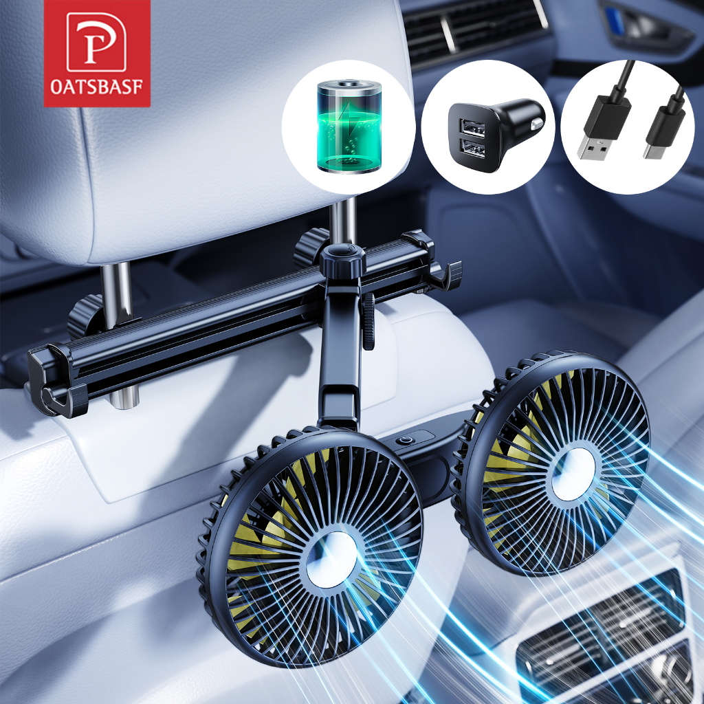 Oatsbasf พัดลมติดรถยนต์ที่นั่งด้านหลังพัดลมคู่อลูมิเนียมก้านรองรับพัดลมแบบชาร์จ USB พัดลมระบายความร้อนด้วยอากาศ