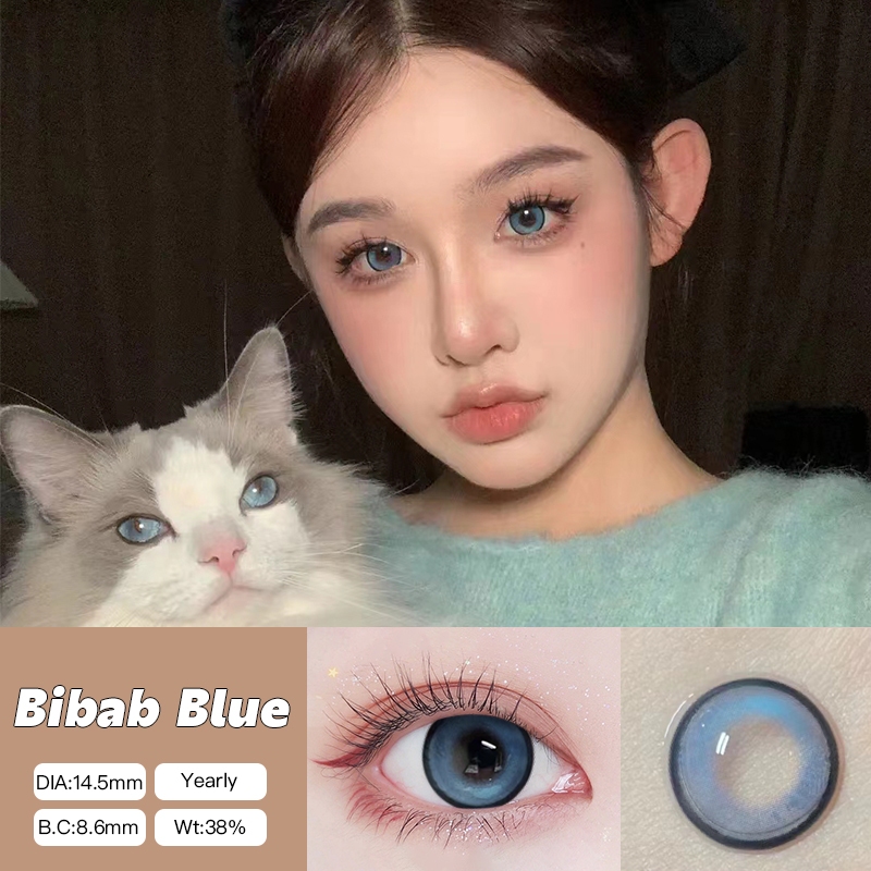 O2girl (COD) 2 ชิ้น Power(0 ~-8.00) สีฟ้าคอนแทคเลนส์สี Violet Natural Soft Eye เลนส์รายปีใช้ 14.5 มม