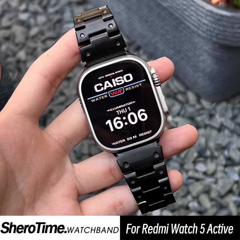 Casio G-SHOCK สไตล์โลหะสายสแตนเลสสําหรับ Redmi Watch 4/5/5 Lite Watchband Full Metal Band สําหรับ Redmi 5 Active เคสป้องกัน 2 in 1 อัพเกรดปรับเปลี่ยน Hard Case + ฟิล์มกระจก – โปรปัง