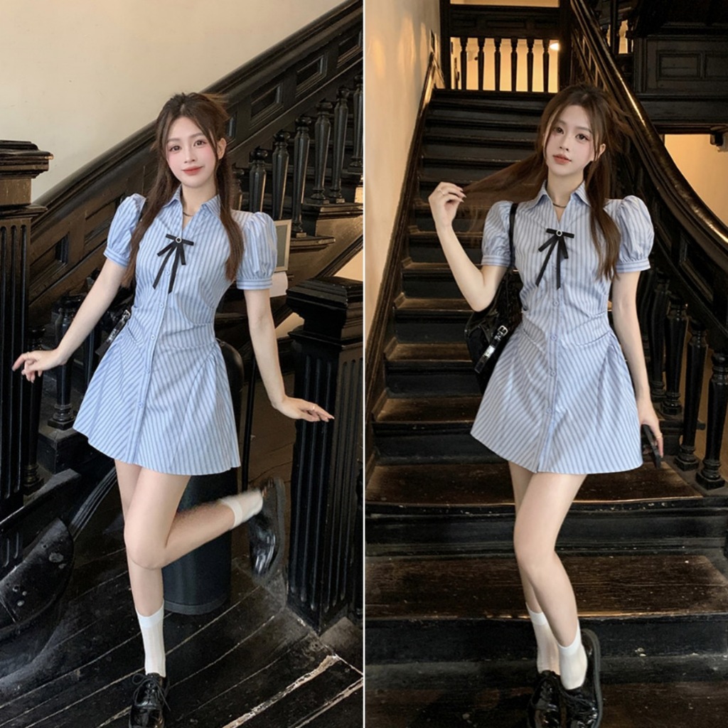 Betty house🌸พร้อมส่ง ชุดเดรสลายทางสไตล์วิทยาลัยเกาหลีสำหรับผู้หญิง เดรสทรงสลิมโบว์สไตล์อ่อนโยน