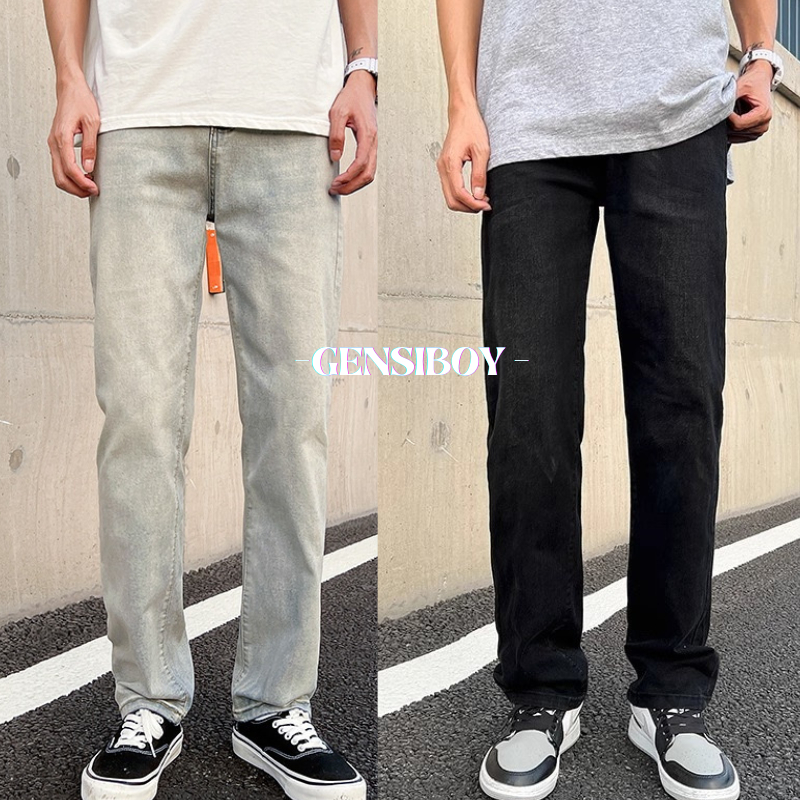Gensiboy-กางเกงยีนส์ผู้ชาย กระบอกเล็ก Straight Fit แฟชั่นเกาหลี เท่ๆ ดำ ขายาว M-3XL แฟชั่น