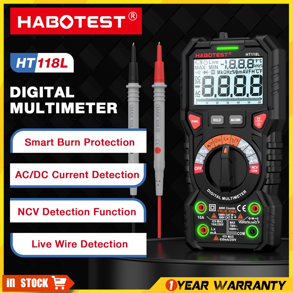 Habotest HT118L มัลติมิเตอร์แบบดิจิตอล AC/DC 6000 นับความต้านทานการวัดเครื่องทดสอบความจุ NCV แรงดันไฟฟ้าแบบไม่สัมผัสความต้านทานแรงกระแทกยางป้องกันกรณี