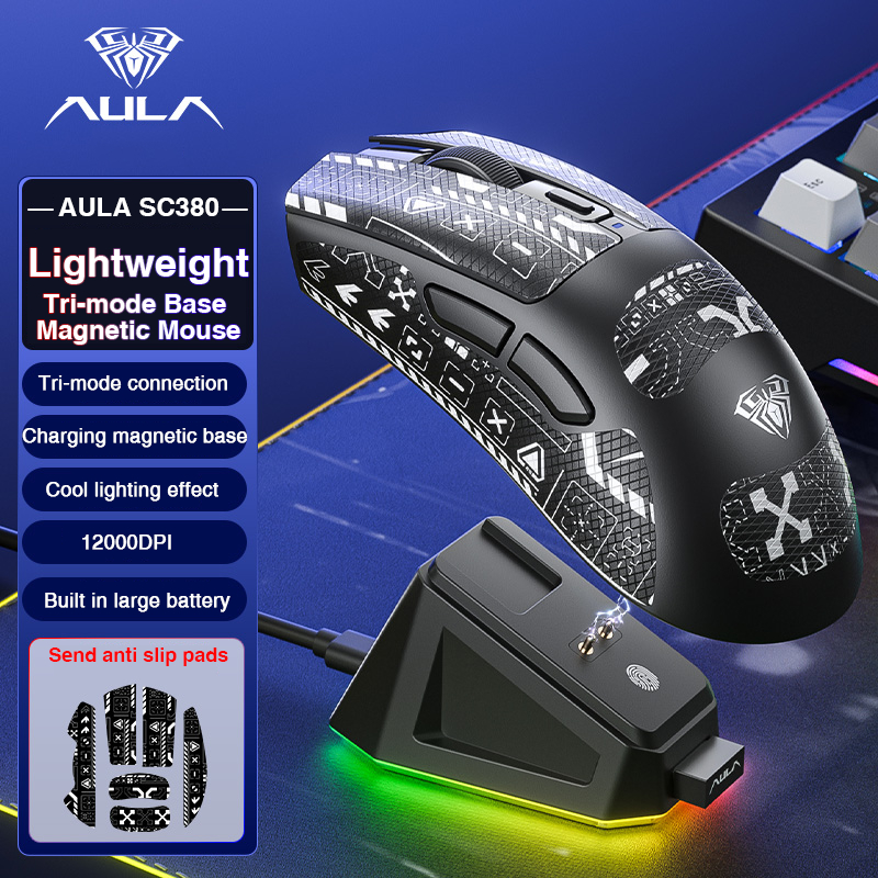 Aula SC380 เมาส์ไร้สาย 59g เมาส์น้ําหนักเบาบลูทูธ/2.4G/Type-C Macro โปรแกรมตามหลักสรีรศาสตร์เกมสํานักงานเม้าส์แม่เหล็กชาร์จที่นั่ง