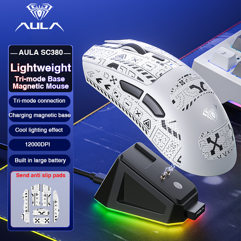 Aula SC380 เมาส์ไร้สาย 59g เมาส์น้ําหนักเบาบลูทูธ/2.4G/Type-C Macro โปรแกรมตามหลักสรีรศาสตร์เกมสํานักงานเม้าส์แม่เหล็กชาร์จที่นั่ง