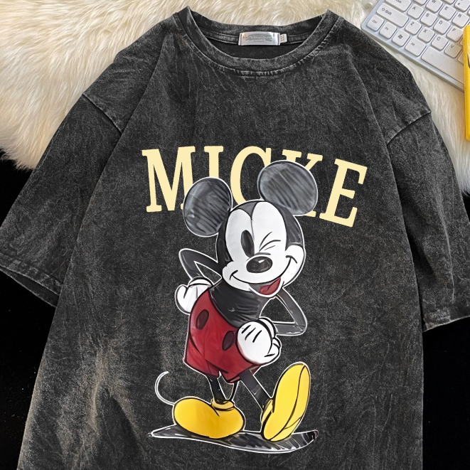 TIHIK เสื้อยืดฟอก ลายการ์ตูน oversize เนื้อผ้านุ่ม ใส่ได้ทั้งชายและหญิง Y0190