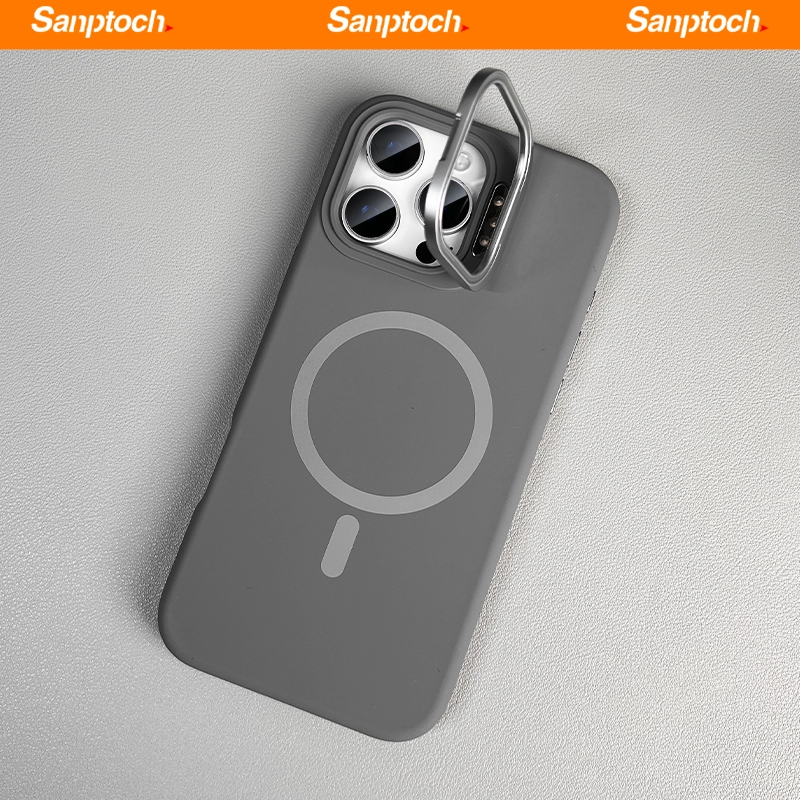 Sanptoch สําหรับซิลิโคนเหลวแม่เหล็กขาตั้งเลนส์เคสโทรศัพท์สําหรับ iPhone 16 15 14 13 Pro Max ผิวปกอ่อน Militarily-drop ปลอกป้องกันพร้อมโลหะผสมที่มองไม่เห็นผู้ถือ - รูปที่ 2