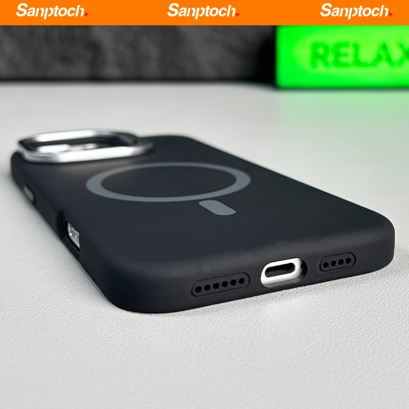 Sanptoch สําหรับซิลิโคนเหลวแม่เหล็กขาตั้งเลนส์เคสโทรศัพท์สําหรับ iPhone 16 15 14 13 Pro Max ผิวปกอ่อน Militarily-drop ปลอกป้องกันพร้อมโลหะผสมที่มองไม่เห็นผู้ถือ - รูปที่ 5