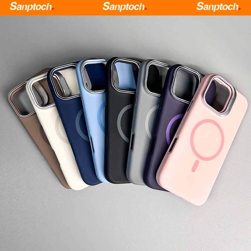 Sanptoch สําหรับซิลิโคนเหลวแม่เหล็กขาตั้งเลนส์เคสโทรศัพท์สําหรับ iPhone 16 15 14 13 Pro Max ผิวปกอ่อน Militarily-drop ปลอกป้องกันพร้อมโลหะผสมที่มองไม่เห็นผู้ถือ - รูปที่ 6