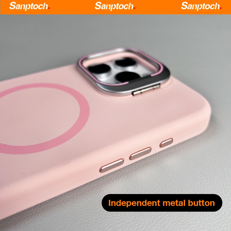 Sanptoch สําหรับซิลิโคนเหลวแม่เหล็กขาตั้งเลนส์เคสโทรศัพท์สําหรับ iPhone 16 15 14 13 Pro Max ผิวปกอ่อน Militarily-drop ปลอกป้องกันพร้อมโลหะผสมที่มองไม่เห็นผู้ถือ - รูปที่ 4