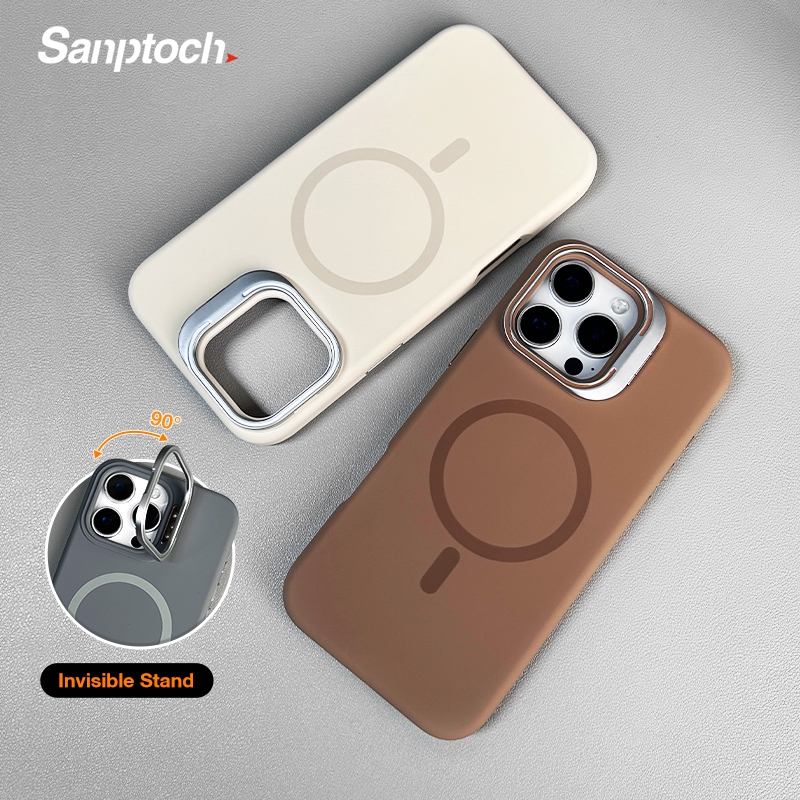 Sanptoch สําหรับซิลิโคนเหลวแม่เหล็กขาตั้งเลนส์เคสโทรศัพท์สําหรับ iPhone 16 15 14 13 Pro Max ผิวปกอ่อน Militarily-drop ปลอกป้องกันพร้อมโลหะผสมที่มองไม่เห็นผู้ถือ