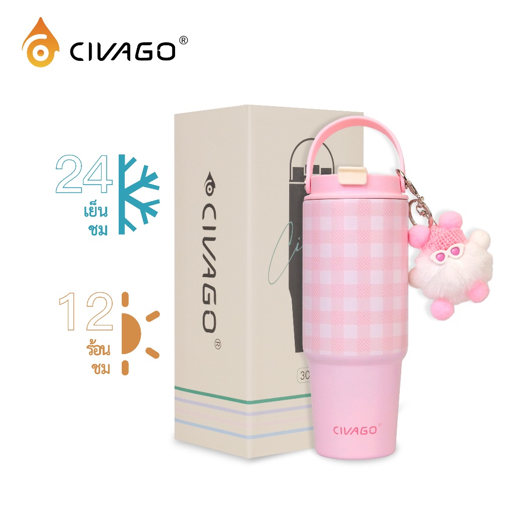 CIVAGO （30oz/900ml）แก้วเก็บความร้อนแบบมีหลอดสำหรับเด็กผู้หญิงแก้วมีความจุขนาดใหญ่ สเตนเลส แก้วน้ำเย็