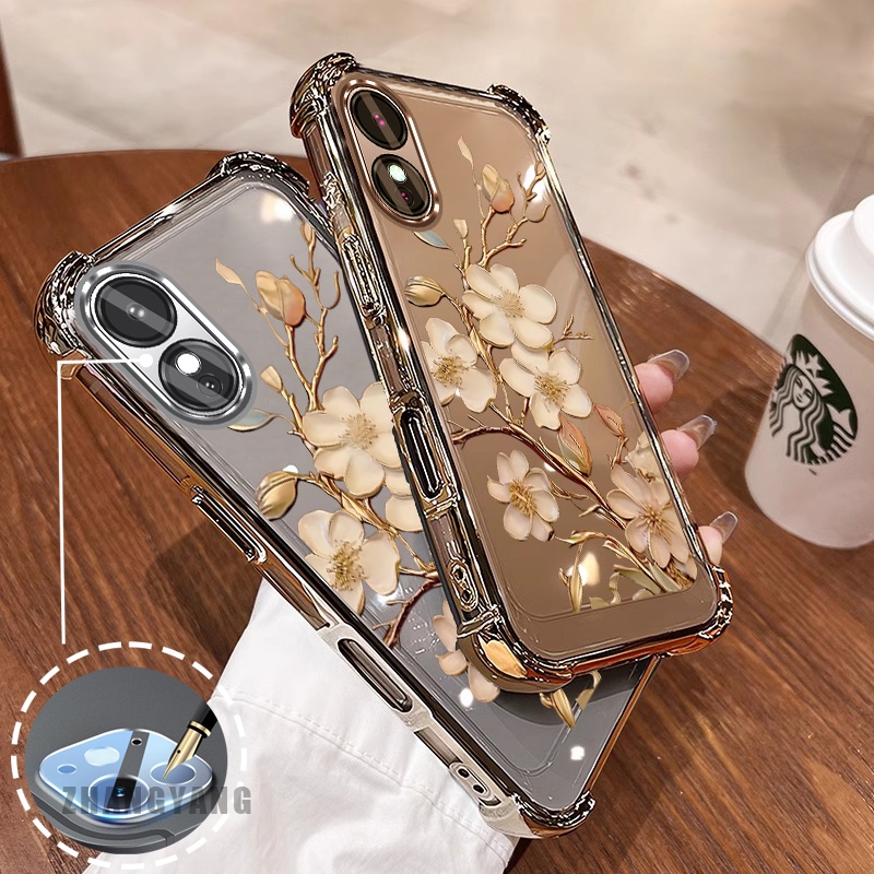 สําหรับ OPPO A18 A38 A17 A17K A60 ซิลิโคนเคลือบด้วยไฟฟ้าสี่มุม anti drop เคสโทรศัพท์ความงามต้นไม้สาขาดอกไม้ออกแบบใหม่ TPU soft case