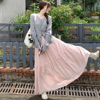 NZN  แฟชั่นเกาหลีผู้หญิงกระโปรงทรงเอ กระโปรงสีทึบหลวมและเรียบง่าย