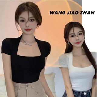 【WJZ】เสื้อยืดคอเหลี่ยมแขนสั้นสีพื้นสไตล์เกาหลีสำหรับผู้หญิง【…