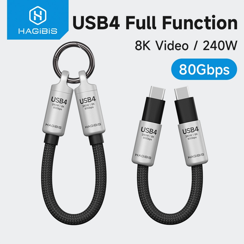 Hagibis USB4 โทรศัพท์มือถือแบบพกพา Lanyard ข้อมูลสาย USB C ถึง Type-C Mini สั้นพวงกุญแจ 240w 80Gbps สําหรับ iPhone16 Pro Thunderbolt 4/3 SSD Power Bank