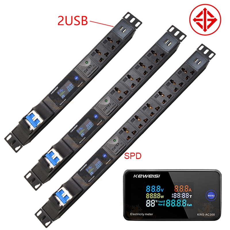 รางปลั๊กไฟ PDU พร้อมจอแสดงผลดิจิทัล ป้องกันไฟกระชาก 2 Usb ไม่มีสายเคเบิลต่อขยาย