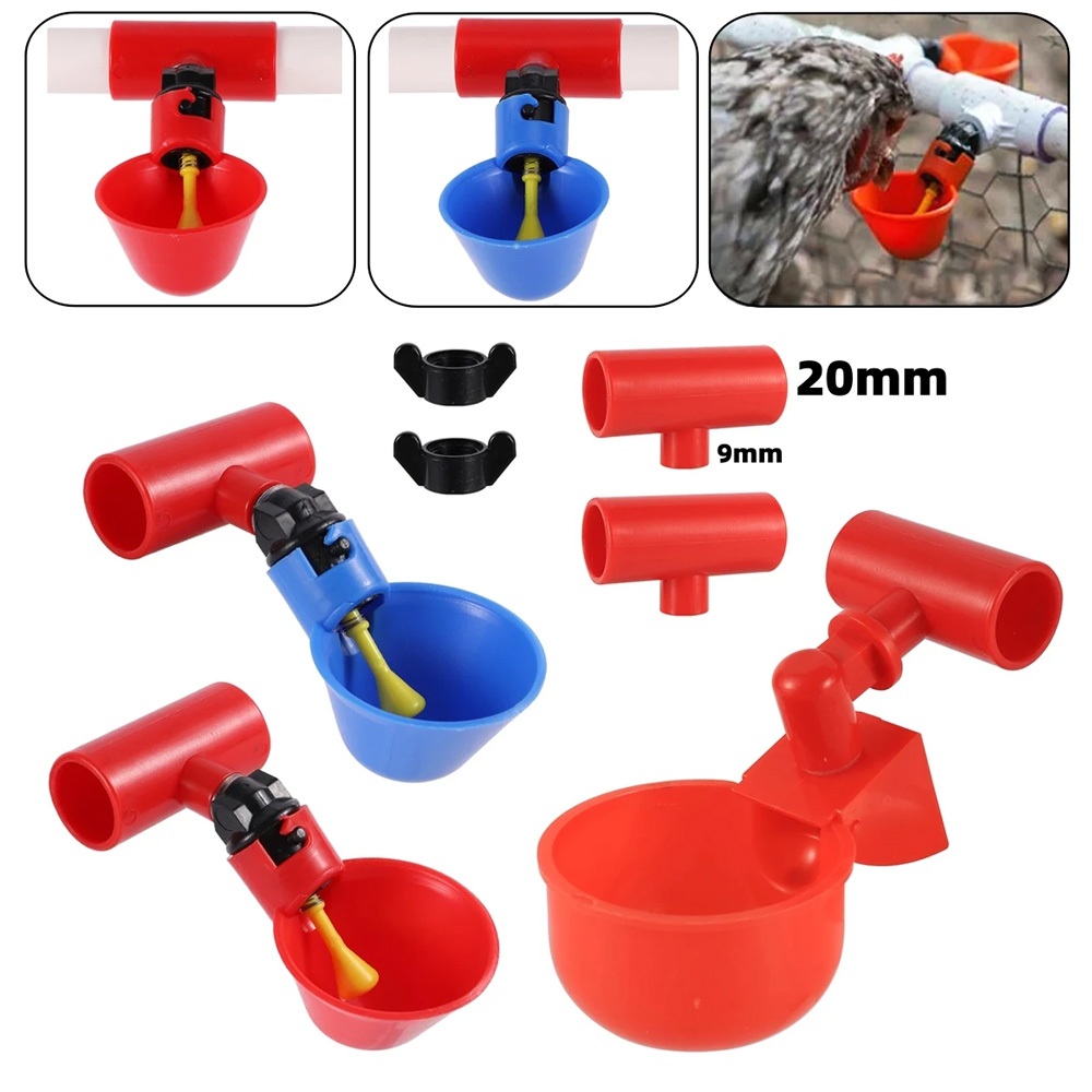 อินเทอร์เฟซด้าย 9 มม.ถ้วยดื่มสัตว์ปีกอัตโนมัติพร้อมสกรูและ ID20 มม. สีแดง Tee ชุดไก่เป็ดนกกระทา Pigeon ชามน้ํา
