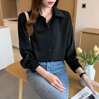 เสื้อเบลาส์ สําหรับผู้หญิงแขนยาวหลวมขนาดใหญ่เสื้ออารมณ์ลําลองด้านบน