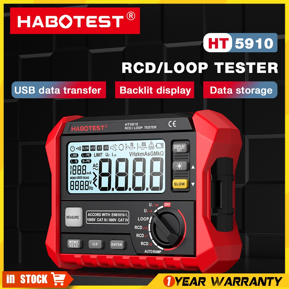 Habotest HT5910 เครื่องทดสอบความต้านทานไฟฟ้ารั่วสวิตช์ 4.7 นิ้ว LCD แบบดิจิตอล RCD / Loop 1000 Data 
