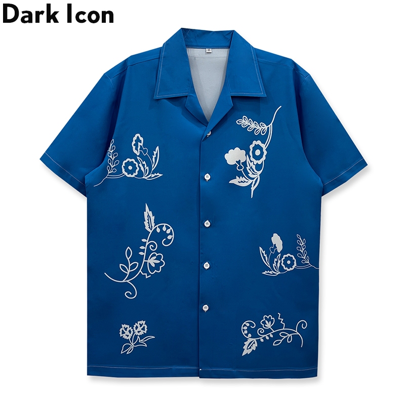Dark Icon Flower Printing Retro Shirts Men Holiday Beach Shirt
