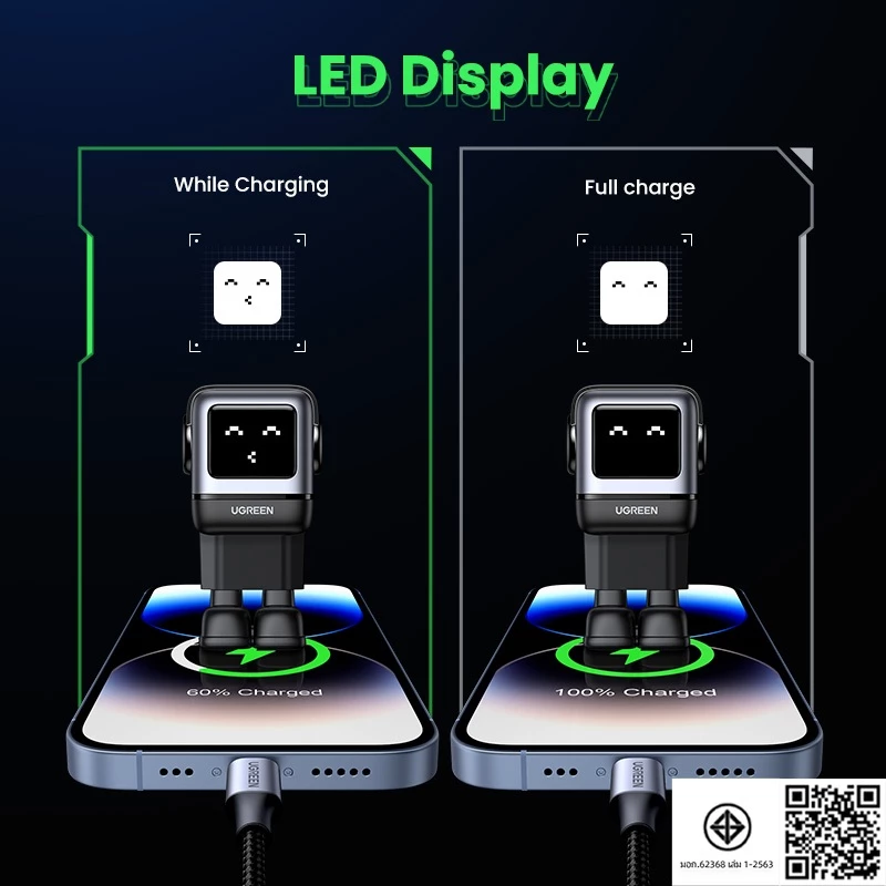 UGREEN NewUGREEN Uno 65W RoboGaN 2 Charger USB C USB A Charger Mini Robot Nexode 3 พอร์ต GaN Fast Charger สําหรับ iPhone 16 Pro Max 15/15 Pro Max 14/14 Pro Max/Macbook Air/iPad Pro thumbnail 10