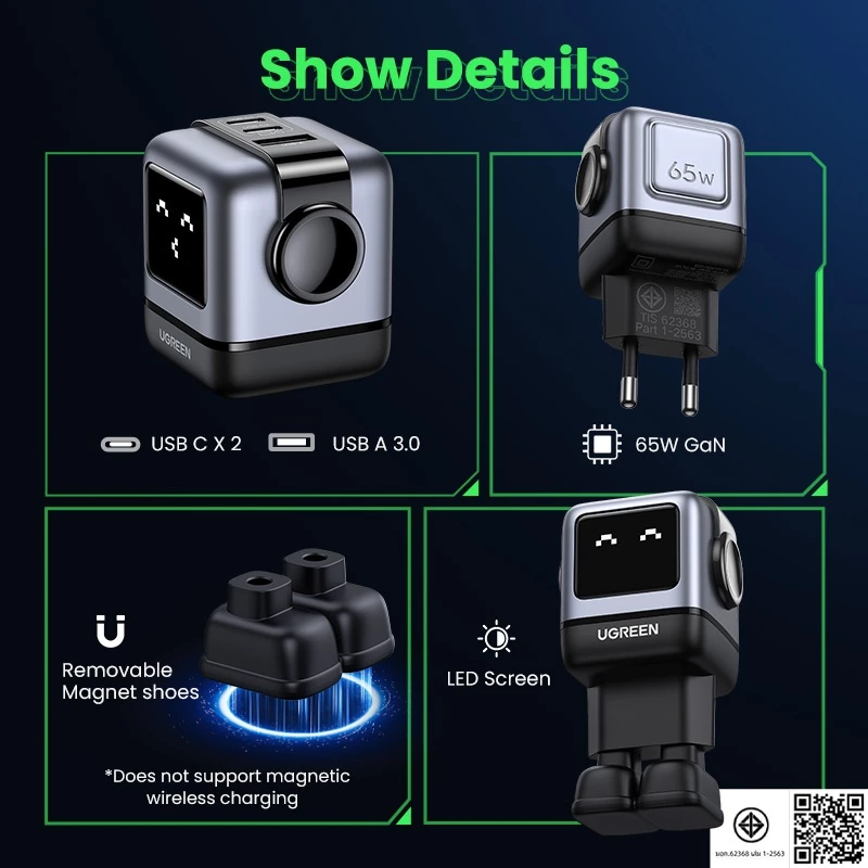 UGREEN NewUGREEN Uno 65W RoboGaN 2 Charger USB C USB A Charger Mini Robot Nexode 3 พอร์ต GaN Fast Charger สําหรับ iPhone 16 Pro Max 15/15 Pro Max 14/14 Pro Max/Macbook Air/iPad Pro thumbnail 9