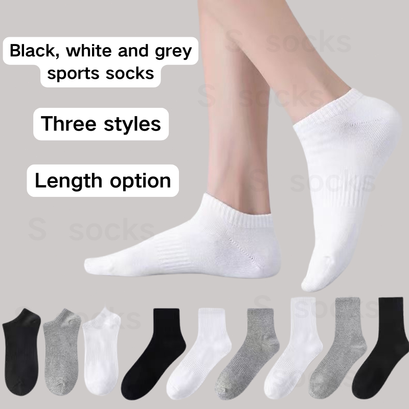 ถุงเท้าผ้าขนหนูผู้ชายและผู้หญิงสีทึบสีดํากีฬาสีขาวและสีเทาทุกอย่างถุงเท้านักเรียนที่เรียบง่าย