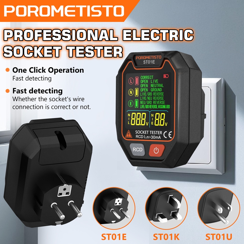 Porometisto ST01 เครื่องทดสอบซ็อกเก็ตดิจิตอล Pro การทดสอบแรงดันไฟฟ้า RCD/GFCI เครื่องตรวจจับซ็อกเก็ต US/UK/EU ปลั๊ก Ground Neutral Plug Polarity Phase Checker