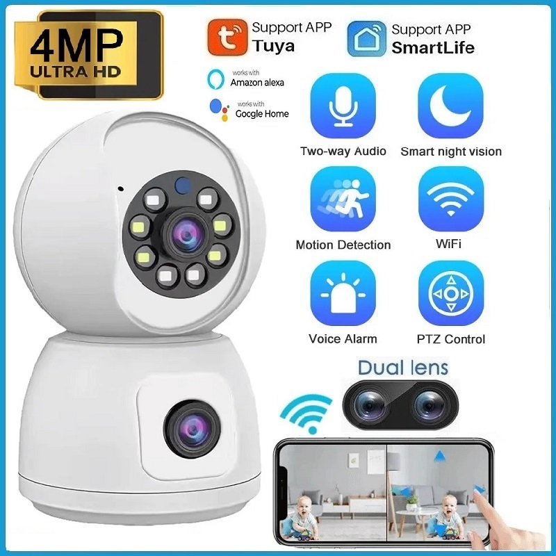 Tuya สมาร์ท 4MP กล้องวงจรปิด WiFi Mini พร้อมหน้าจอคู่ Colourfull Night Vision การติดตามอัตโนมัติ PTZ