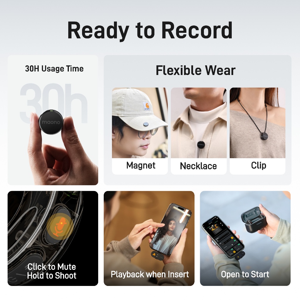 Maono Wave T5 ไมโครโฟนไร้สายแบบหนีบเสื้อไมโครโฟนขนาดเล็กพร้อม 48khz 24bit, ระยะ 1000ft, การตัดเสียงรบกวน, ปุ่มเพิ่ม, สวิตช์ Mono-Stereo, 30H ใช้สําหรับบันทึกวิดีโอกล้อง - รูปที่ 3