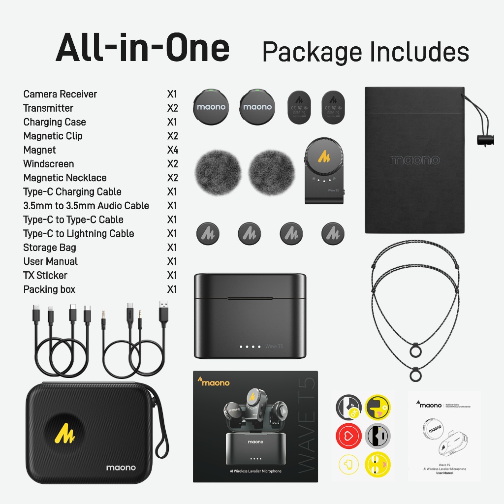 Maono Wave T5 ไมโครโฟนไร้สายแบบหนีบเสื้อไมโครโฟนขนาดเล็กพร้อม 48khz 24bit, ระยะ 1000ft, การตัดเสียงรบกวน, ปุ่มเพิ่ม, สวิตช์ Mono-Stereo, 30H ใช้สําหรับบันทึกวิดีโอกล้อง - รูปที่ 6