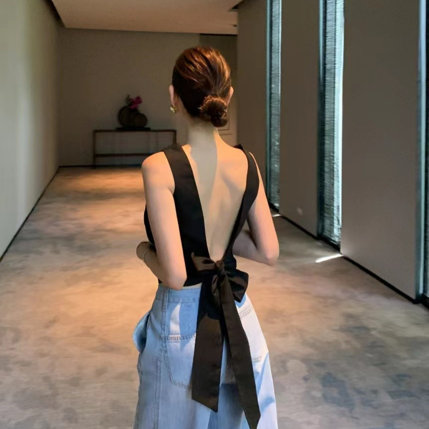 83887 Temperament Simple Backless Bow Laced-Up เสื้อแขนกุด