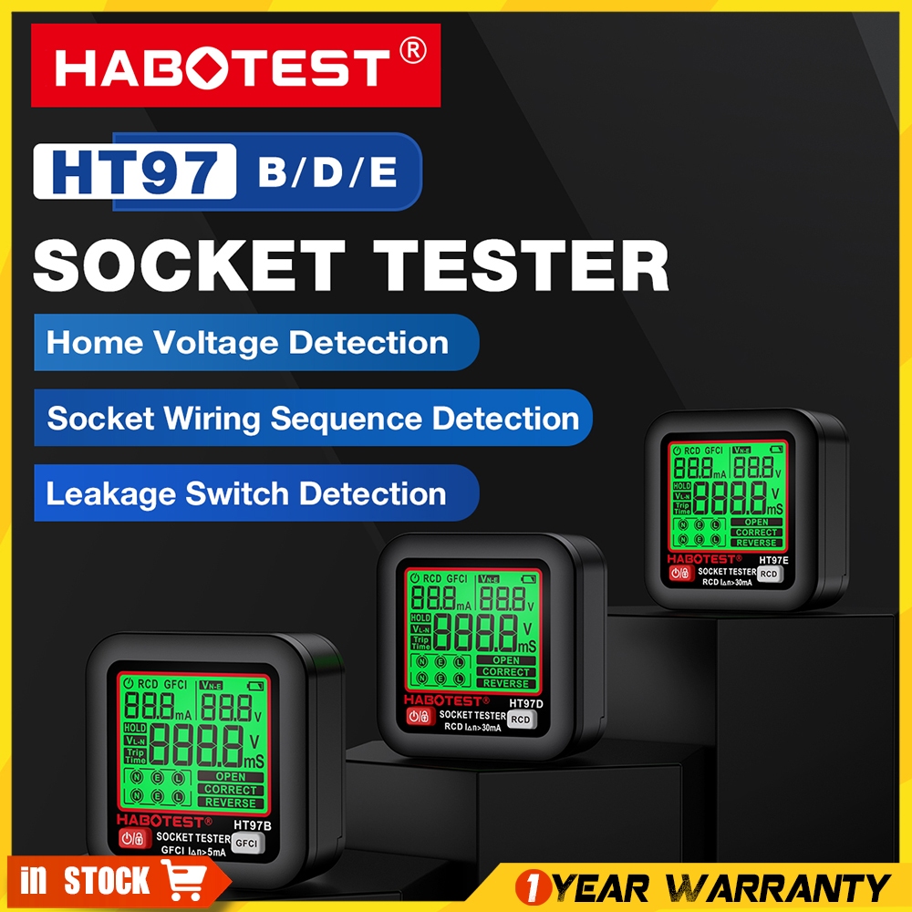 Habotest HT97B/D/E เครื่องทดสอบซ็อกเก็ตการรั่วไหลทดสอบแรงดันไฟฟ้า AC 30-260V RCD GFCI ข้อมูลถือจอแสดงผล LCD High-Definition Backlit หน้าจอขนาดใหญ่