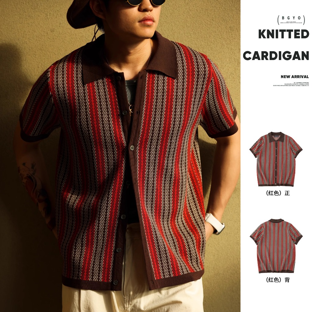 อิตาเลี่ยน Retro Lapel Jacquard ถักคาร์ดิแกนแขนสั้นผู้ชายสไตล์วันหยุด Contrast สีลายเสื้อโปโล