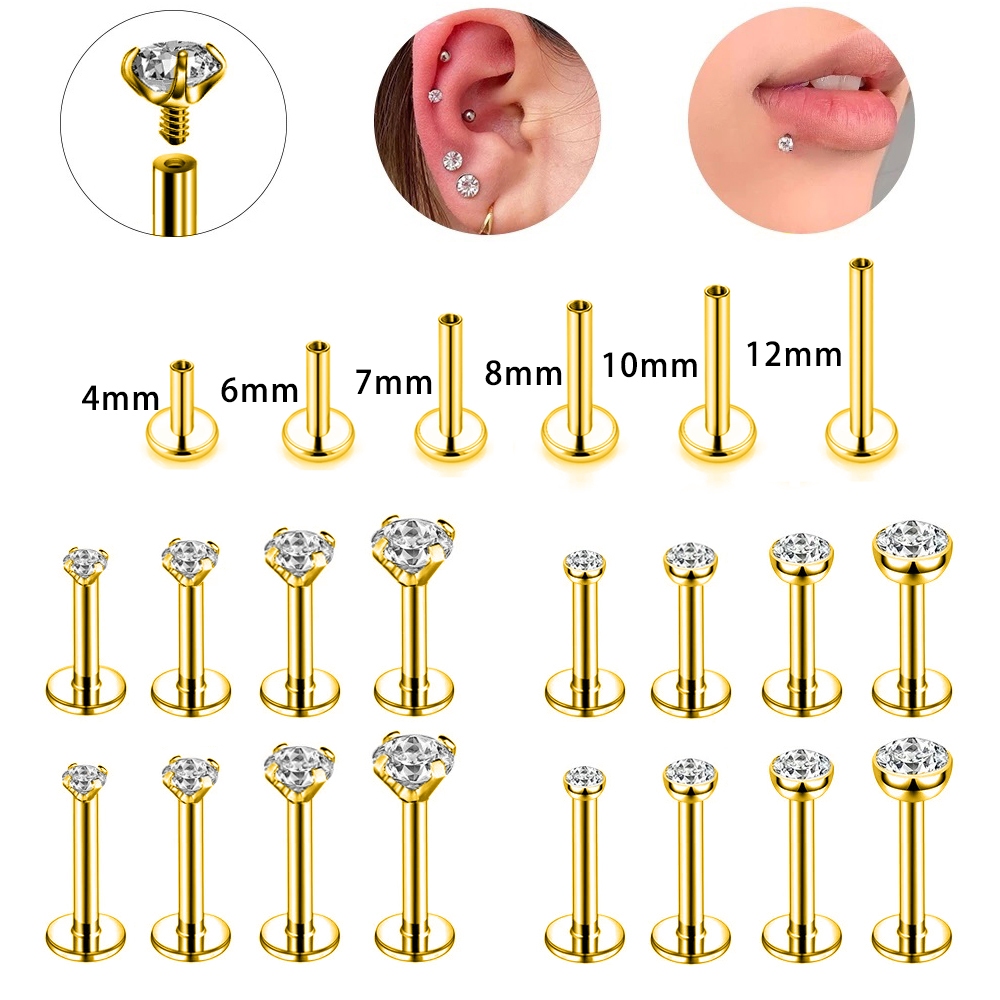1 Pc 4/6/8/10/12 มม.สแตนเลสสตีล Lip Stud รอบเพทายกระดูกอ่อนสตั๊ดต่างหูคริสตัล Labret เจาะ Helix เจาะ