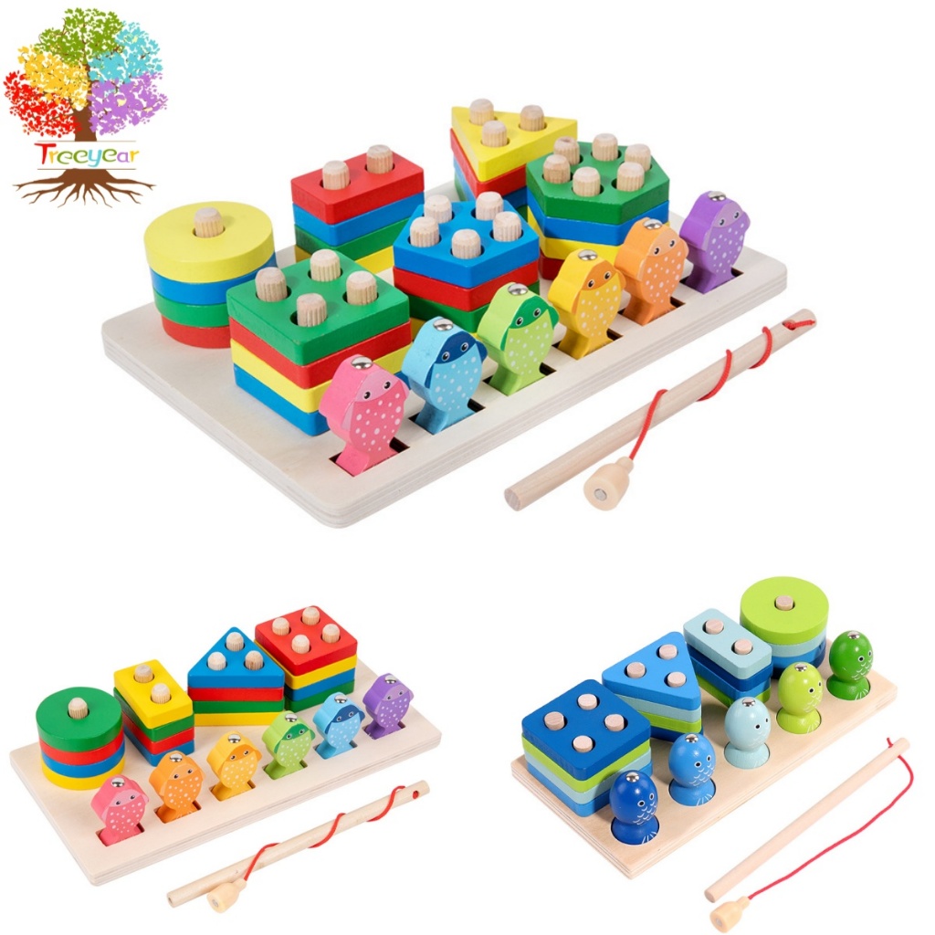 Montessori การศึกษาปฐมวัยมัลติฟังก์ชั่รูปร่างจับคู่บล็อกบล็อกปกคอลัมน์สองในหนึ่งเด็กตกปลาแม่เหล็กแม่และเด็กของเล่นไม้