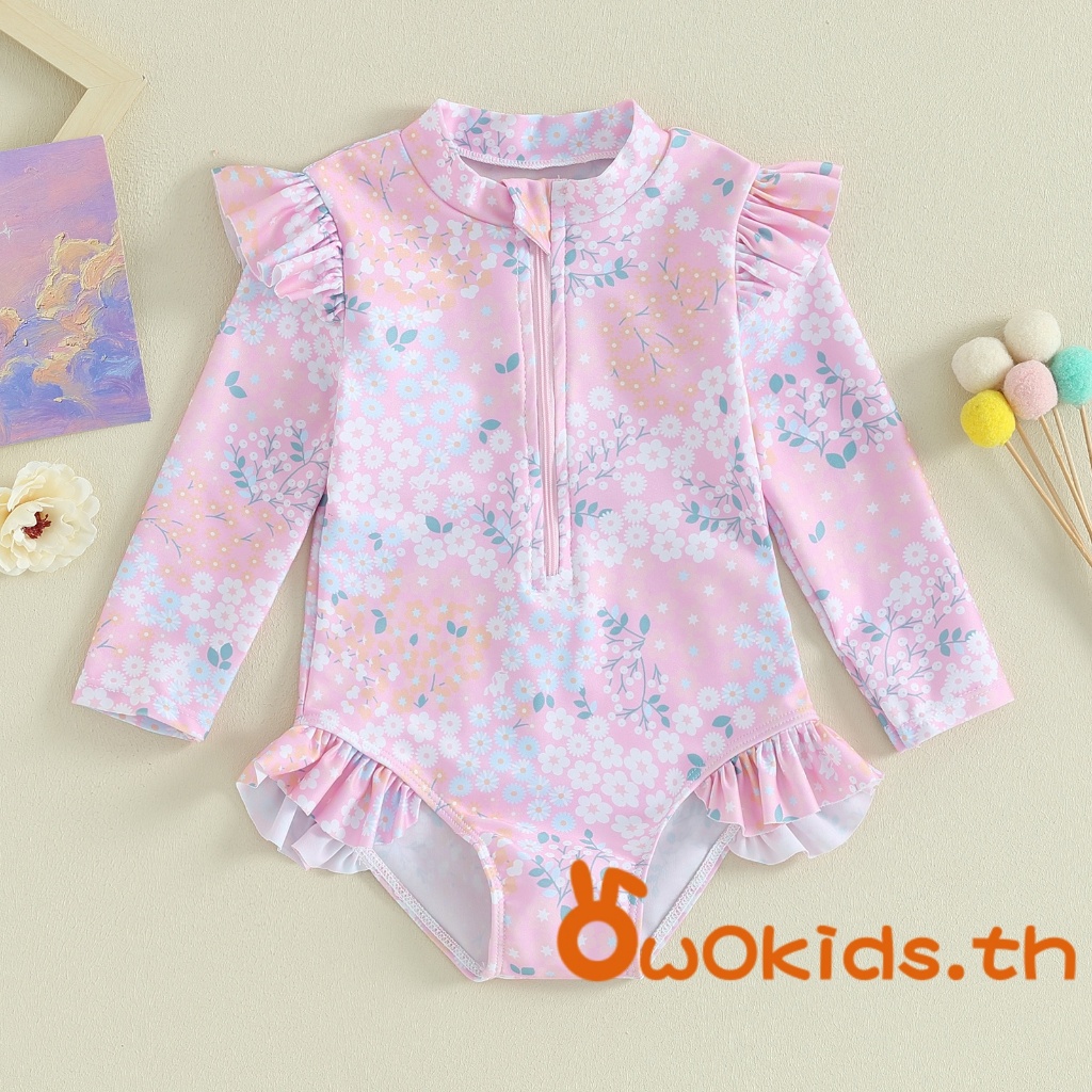 【ส่งจากไทย】​ชุดว่ายน้ําเด็กผู้หญิงฤดูร้อน Ruffle ดอกไม้พิมพ์แขนยาวซิป Jumpsuit Beachwear สําหรับชุดว่ายน้ําเด็กวัยหัดเดิน