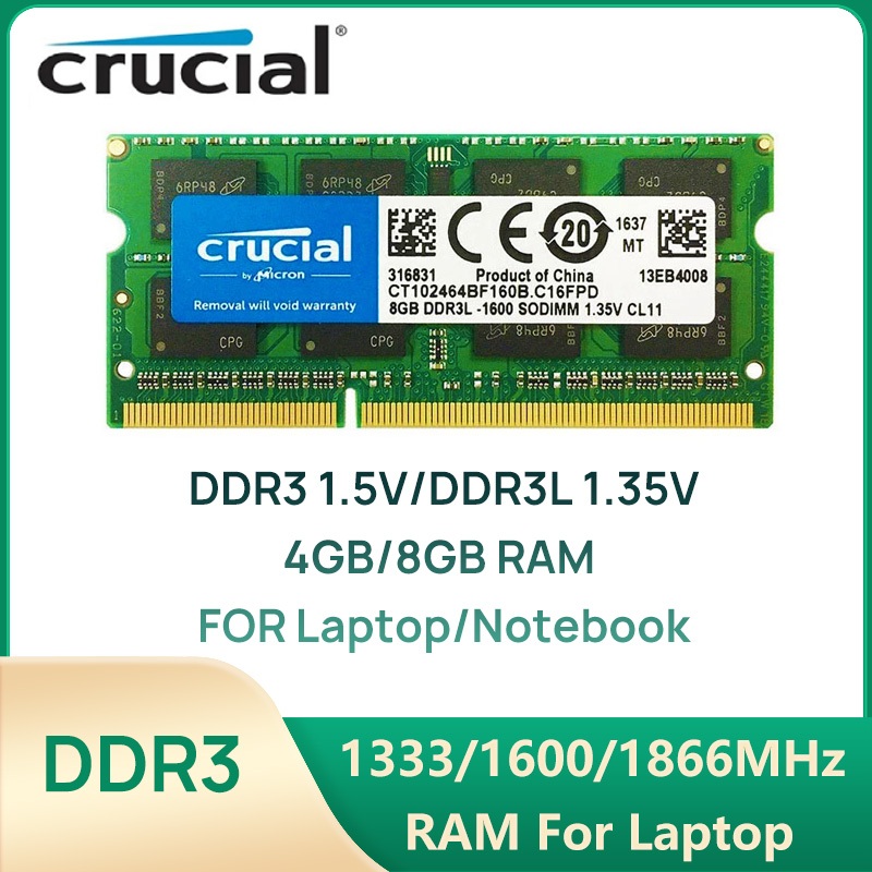 Crucial DDR3 DDR3L RAM 8Gb 4Gb 1600Mhz 1333Mhz PC3-10600 PC3-12800 204Pin SODIMM สําหรับแล็ปท็อปโน้ตบุ๊คหน่วยความจํา