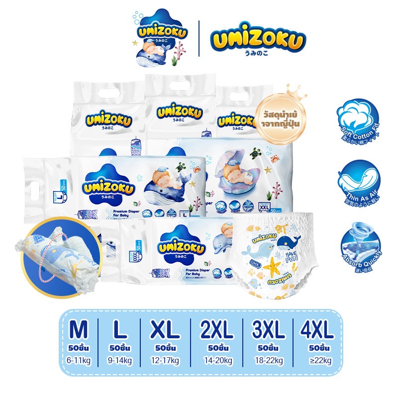 UMIZOKU แพ็คเดี่ยว Standard Soft กางเกงผ้าอ้อม ผ้าอ้อม Size M-4XL นุ่ม บางเบา ใส่สบาย มีโลเทปม้วนทิ้ง