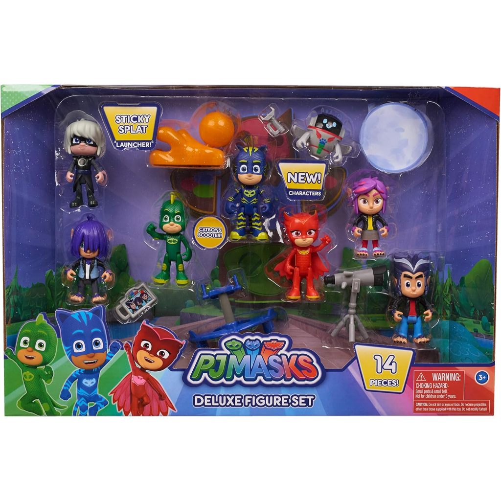 PJ Masks  ชุดฟิกเกอร์ PJ Masks Deluxe 14 ชิ้น ตัวเลขและเครื่องประดับแบบประกบสูง 3 นิ้ว