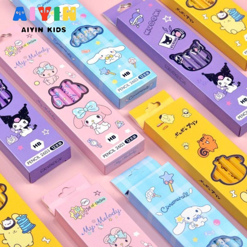 AIYIN ชุดดินสอ ลายการ์ตูน 2B น่ารัก พร้อมยางลบ สําหรับเด็ก จํานวน 12 ชิ้น ต่อกล่อง