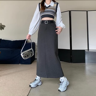 S-6XL กระโปรงสูทสีเทาผ่าข้างเอวสูง ทรงเข้ารูป ปลายกระโปรงพันสะโพก ความยาวปานกลาง