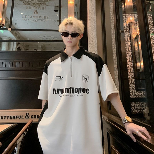 ProMan-ปกแขนสั้นผู้ชาย  เสื้อเชิ้ตโปโลแฟชั่นไฮสตรีท  โจ๊กเกอร์  ขนาดใหญ่