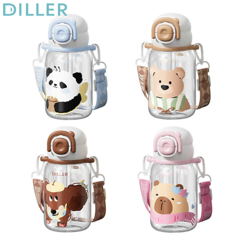 Diller ขวดน้ํา Tritan BPA ฟรีขวดดื่มพร้อมหลอดและพวย (650ml) D2582