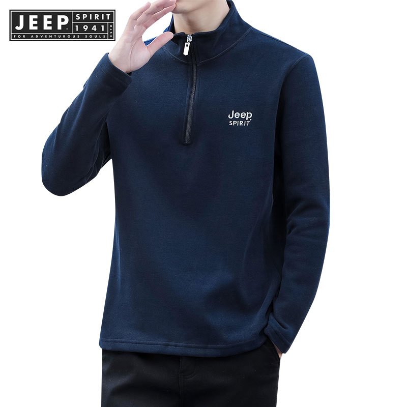 Jeep SPIRIT 1941 ESTD ผู้ชายฤดูใบไม้ผลิและฤดูใบไม้ร่วงใหม่สีทึบครึ่งซิปเย็นและเสื้อด้านล่างที่อบอุ่น