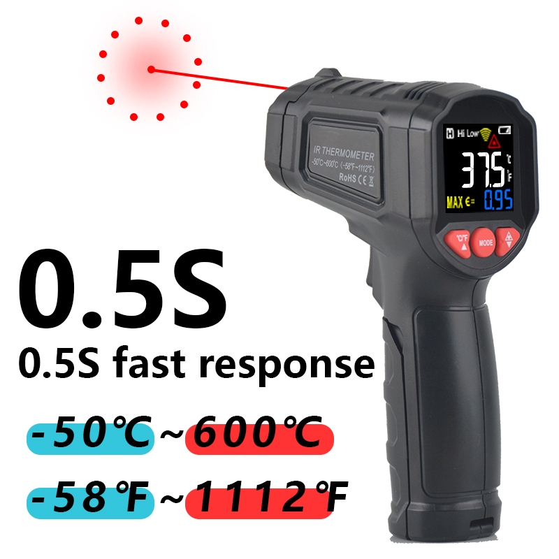 เครื่องวัดอุณหภูมิอินฟราเรด IR600 Series 600C ปืนวัดอุณหภูมิอุตสาหกรรม เทอร์โมมิเตอร์แบบไม่สัมผัส จองข้อมูล แปลงหน่วย C/F ความละเอียดสูง ดิจิตอล